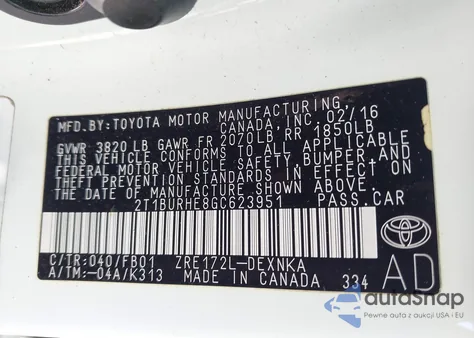 2016 Toyota Corolla L/Le/Le Plus/Le Premium/S/S Plus/S Premium/S W/Special Edition Pkg z USA, uszkodzony, nr VIN 2T1BURHE8GC623951